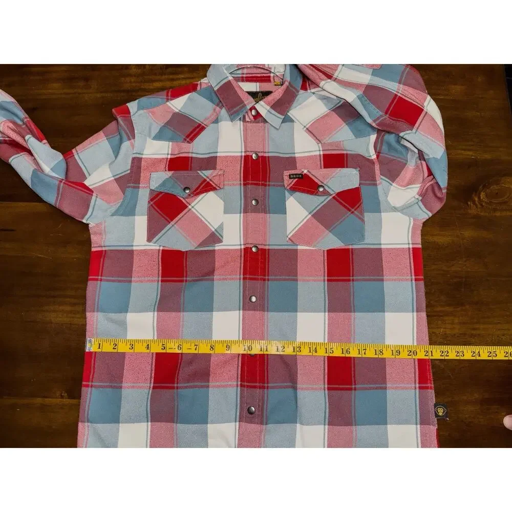 Howler Brothers Mens S Plaid Metal Snap Western Shirt Red Blue Cream
